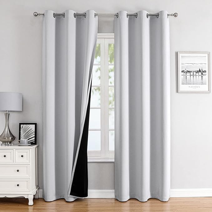 ChrisDowa 100% Blackout Curtains 78 inch Long for Bedroom with Black Liner, 2 Thick Layers Total Blackout Thermal Insulated Grommet Window Curtains 2 Panels Set (Greyish White, 42 x 78 Inch)