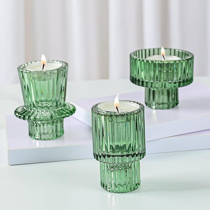 Taper Votive Candle Holder for Pillar Candles Tealight, Candlestick Holder for Wedding Christmas Tea Party, Boho Ribbed Vintage Crystal Glass Table Centerpiece Decor, Bulk Set of 6 (Green)