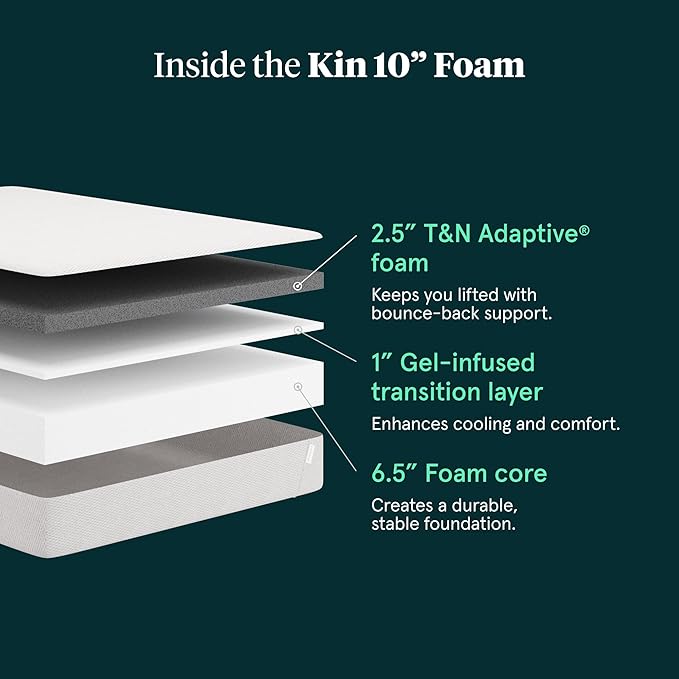 Kin By Tuft & Needle Medium Firm 10" King Adaptive Foam Mattress in a Box, Cooling Pressure Relief, Balanced Support, 100 Night Trial, Fiberglass-Free, CertiPUR-US, 10-Year Limited Warranty