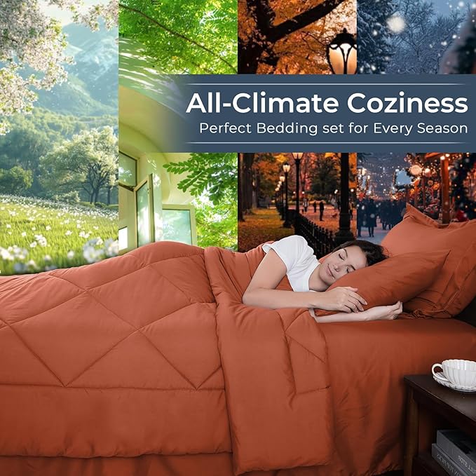 HEVUMYI Burnt Orange King Comforter Set - 7-Piece All Season Bed in a Bag King, Ultra Soft Bedding Set with Comforter, Flat Sheet, Fitted Sheet, Pillowcases, Pillow Shams
