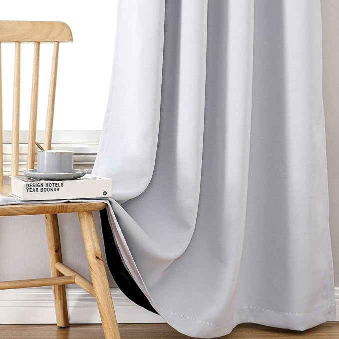 ChrisDowa 100% Blackout Curtains 84 inch Long for Bedroom with Black Liner, 2 Thick Layers Total Blackout Thermal Insulated Grommet Window Curtains 2 Panels Set (Greyish White, 38 x 84 Inch)