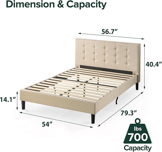 ZINUS Ibidun Upholstered Platform Bed Frame, Mattress Foundation, Wood Slat Support, No Box Spring Needed, Easy Assembly, Full, Beige