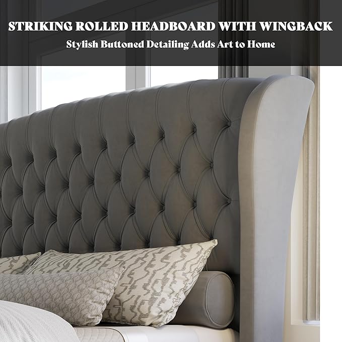 AMERLIFE California King Size Platform Bed Frame, Velvet Upholstered Sleigh Bed with Scroll Wingback Headboard & Footboard/Button Tufted/No Box Spring Required/Grey