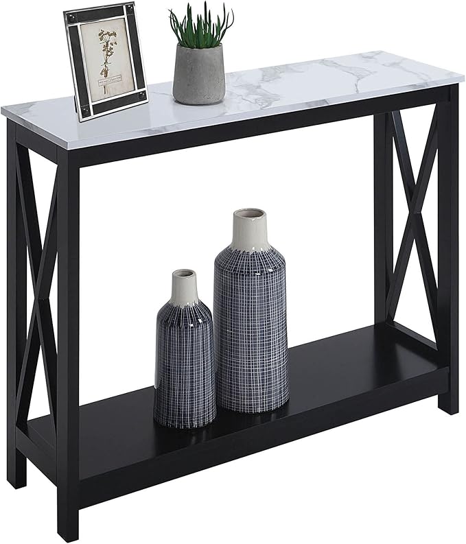Convenience Concepts Oxford Console Table 39.5" - Sofa Table with Storage Shelf, Transitional Entryway Hall Table for Living Room and Bedroom, Display Foyer Table, White Faux Marble/Black