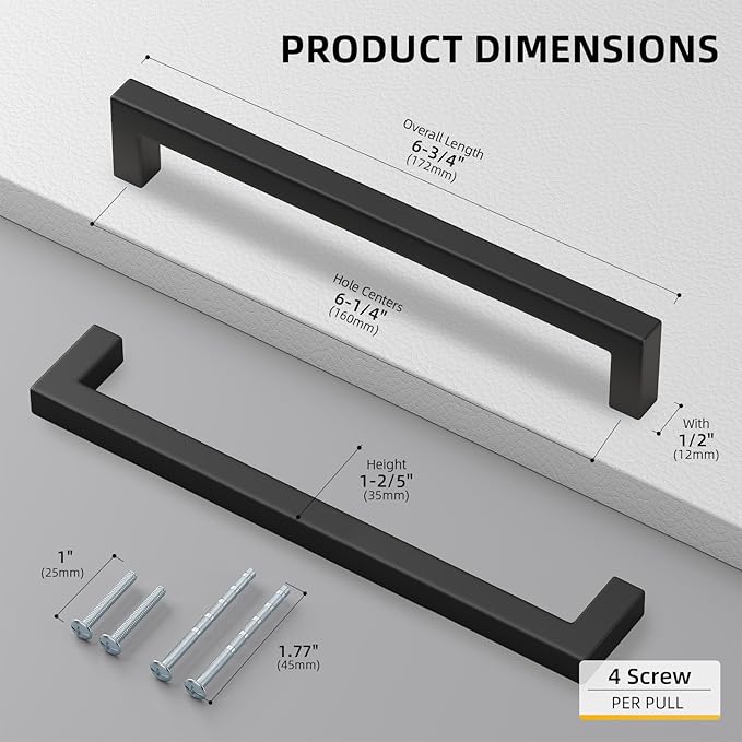 goldenwarm 200 Pack 6-1/4 Inch Black Cabinet Handles Matte Black Drawer Pulls Stainless Steel Cabinets Hardware Square Bar Modern for Kitchen Bathroom Cupboard