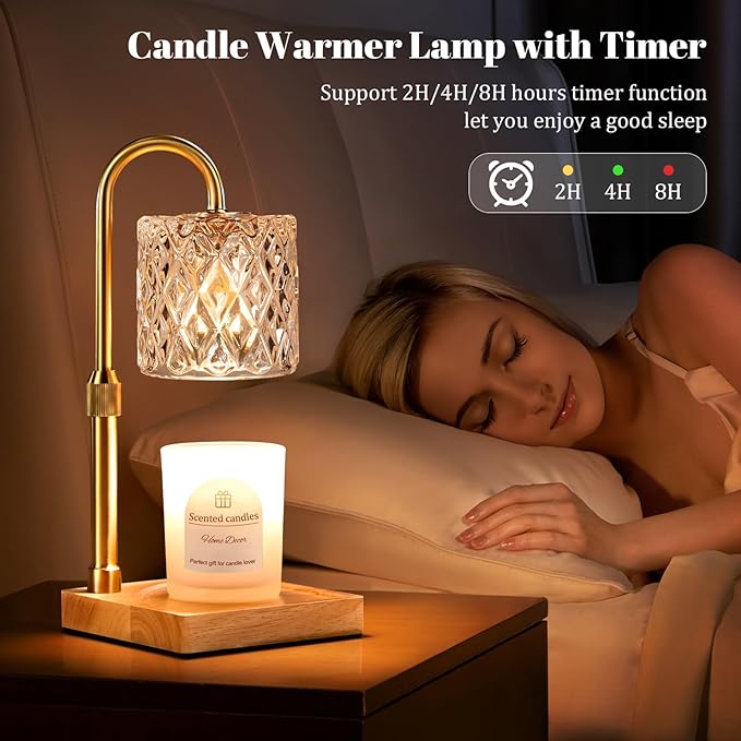 Hong-in Candle Warmer Lamp with Timer -Dimmable Adjustable Height Wax Melt Warmer for Jar Candles,Vintage Home Decor with Elegant Clear Glass,Birthday Gifts for Women, Mom, Friend, Sister