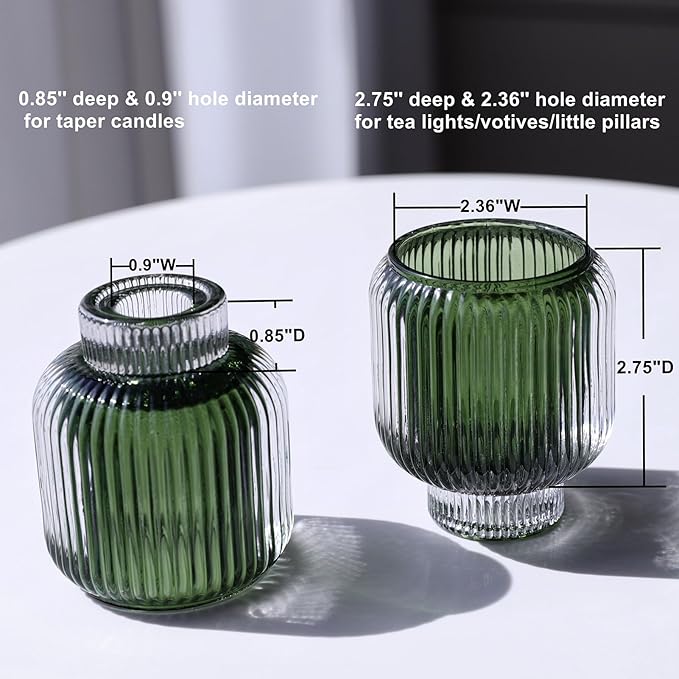 Woho Green Votive Candle Holders Set of 2(3.5" H x 3.1" W), Ribbed Tealight Candle Holder Vintage for Christmas Dinner Table, Reversible Tea Lights Candle Holder Glass for Living Room Home Decor