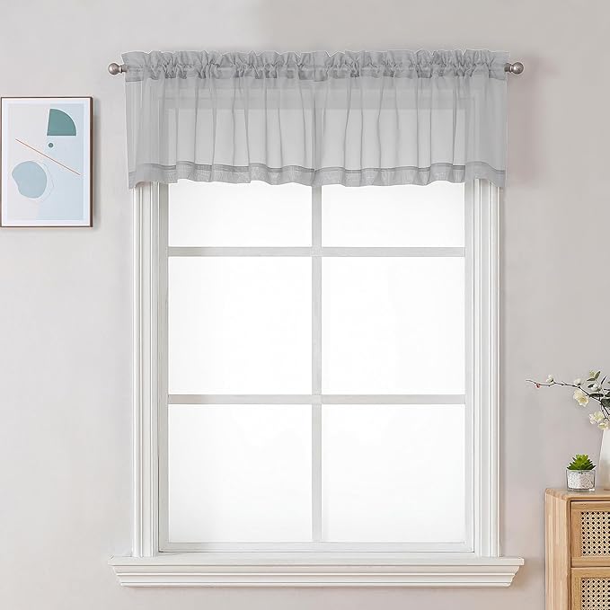 Chyhomenyc Sheer Valances for Windows 2 Pack, Small Window Curtains for Living Room Bathroom Cafe Laundry Basement, Modern Top Dual Rod Pocket Voile Curtain, 42W x 18L inches, Light Grey
