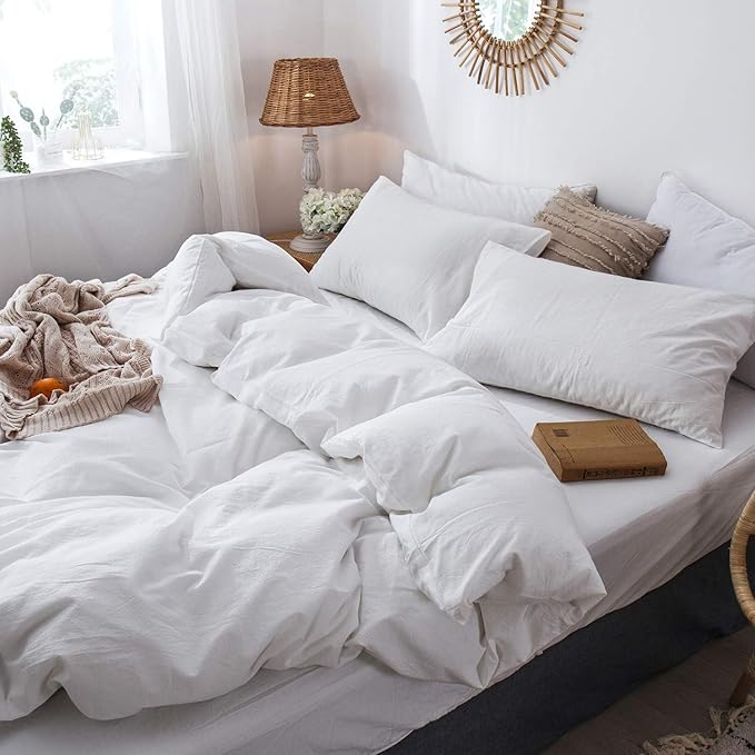 MooMee Bedding Duvet Cover Set 100% Washed Cotton Linen Like Textured Breathable Durable Soft Comfy (Solid Off White, King 104"x90")
