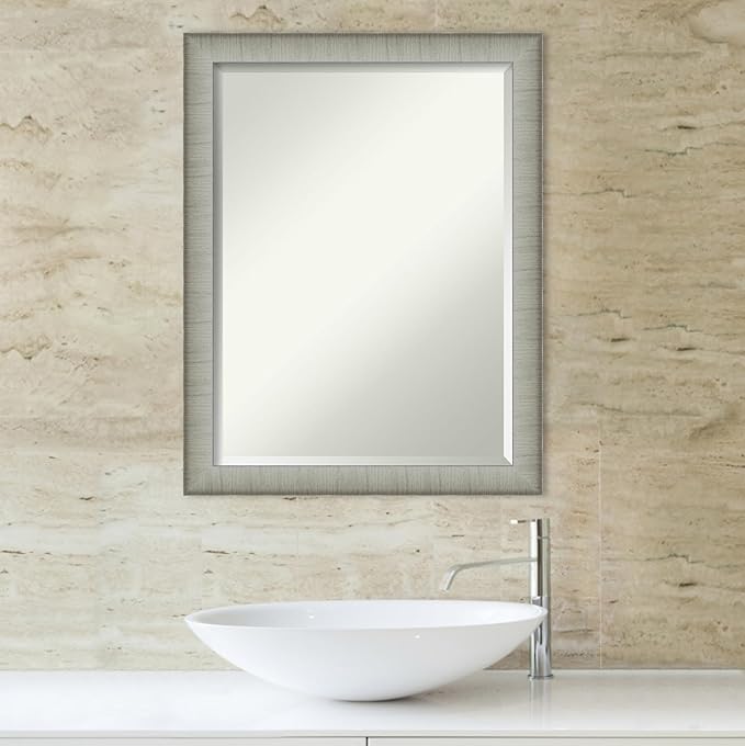 Amanti Art Silver Bathroom Mirror for Over Sink, 27x21 Elegant Brushed Pewter Narrow Rectangle Vanity Mirror, Medium Casual Frame, Hangs Horizonally and Vertically, Bathroom Wall Decor, Beveled Edge