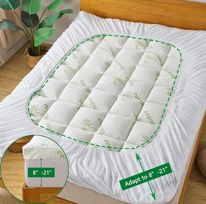 Bamboo_Viscose Mattress Topper Twin Size, Cooling Extra Thick Breathable Mattress pad, 8-21”Deep Pocket Soft Quilted Fitted Mattress Cover with Down Alternative Fill