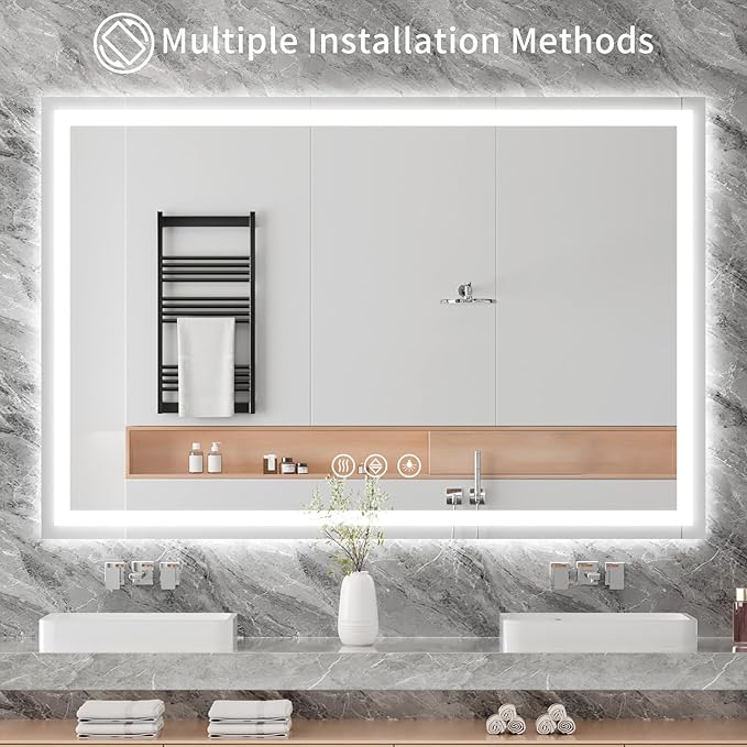 Koonmi 30x60 LED Bathroom Mirror, Backlit + Front Lit, LED Bathroom Mirror with Lights for Wall, 3 Colors, Anti-Fog, Dimmable Brightness, Memory Function, Tempered Glass