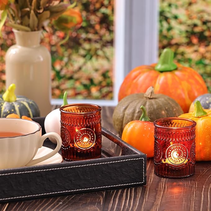 Amber Votive Candle Holder Set of 12, Glass Tea Lights Candle Holders for Home Table Centerpiece, Dinner Parties, Weddings Decor