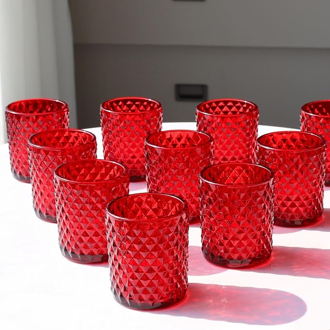 Woho Red Votive Candle Holders Bulk Set of 12, Glass Tea Lights Candle Holder for Wedding Table Centerpiece, Studded Diamond Tealight Candle Holder for Christmas Party Holiday Home Decor