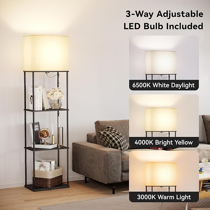 SUNMORY Large Size Floor Lamp with Shelves, 4-Tier Modern Standing Lamp with 3 Color Temperature Bulb, Tall Floor Lamp with Shelf, Corner Display Bookshelf Lamps for Living Room, Bedroom, Office