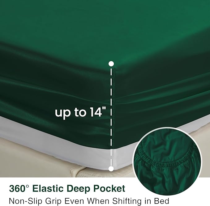 Love's cabin Satin Queen Sheets Set - 4 Piece Dark Green Silky Bed Sheets with Deep Pocket, Luxury Silk Feel Satin Queen Size Sheet Set (1 Flat Sheet,1 Fitted Sheet,2 Pillow Cases)