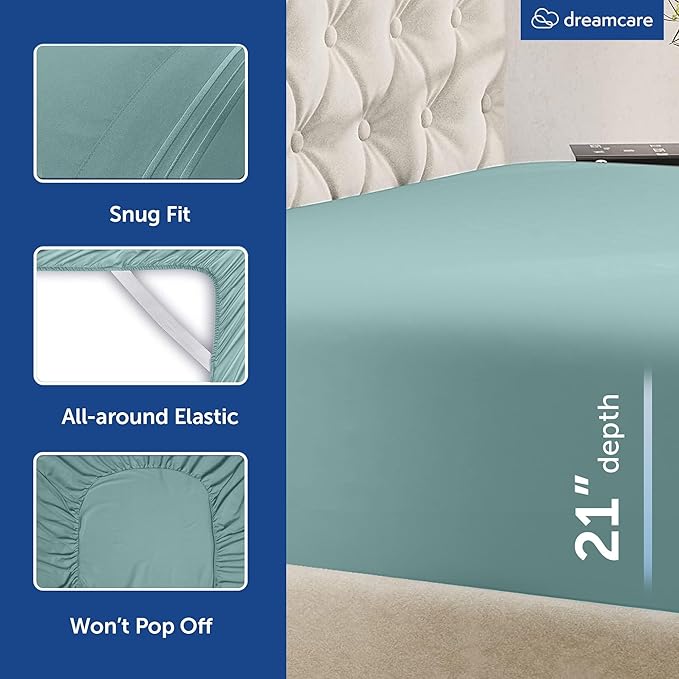 DREAMCARE Queen Sheet Set – 6 pcs Cooling Bed Sheets – up to 21” Deep Pocket Queen Sheets Set – 2500 Supreme Collection – Extra Soft 100% Brushed Microfiber Hotel Luxury with Side Pocket – Spa Blue