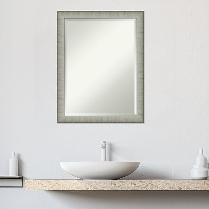 Amanti Art Silver Bathroom Mirror for Over Sink, 27x21 Elegant Brushed Pewter Narrow Rectangle Vanity Mirror, Medium Casual Frame, Hangs Horizonally and Vertically, Bathroom Wall Decor, Beveled Edge