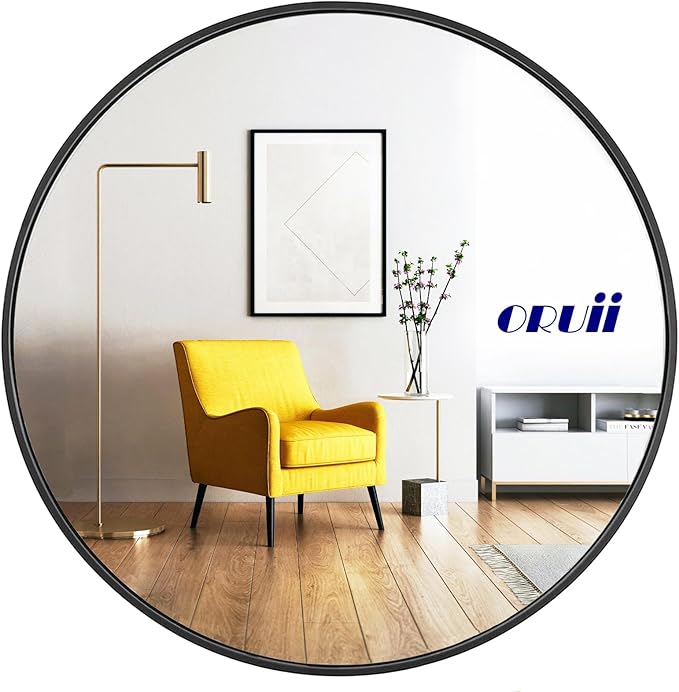 Round Mirror, Black Round Mirror 24 inch, Circle Wall Mirrors Metal Frame, Circular Mirrors for Wall, Living Room, Bathroom, Vanity, Entryway, Hallway.