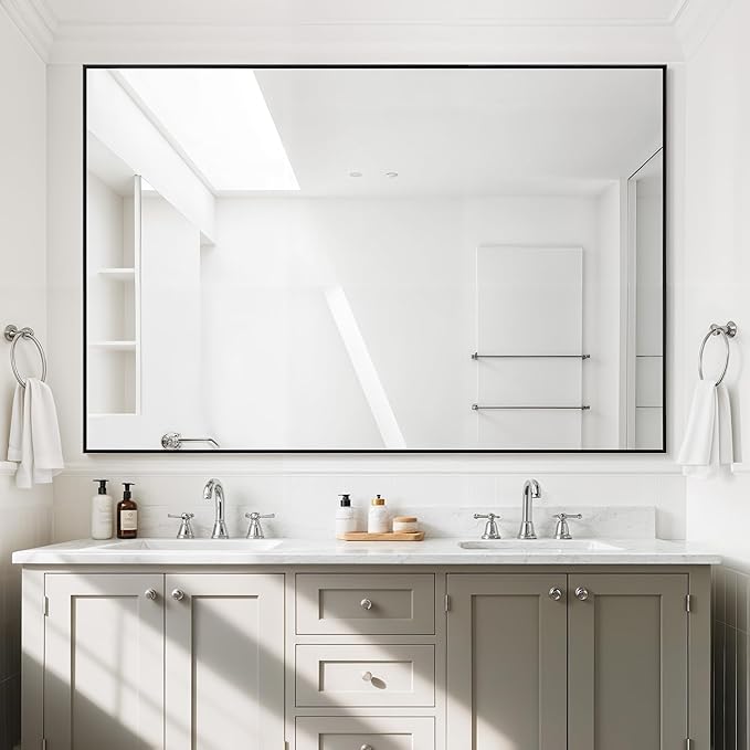 Antok Bathroom Mirror,48"x32" Wall Mirror, Decorative Mirrors Vanity Mirror Aluminum Alloy Frame Contemporary Hanging Mirror for Living Room Bathroom Entryway,Black,Rect Corner