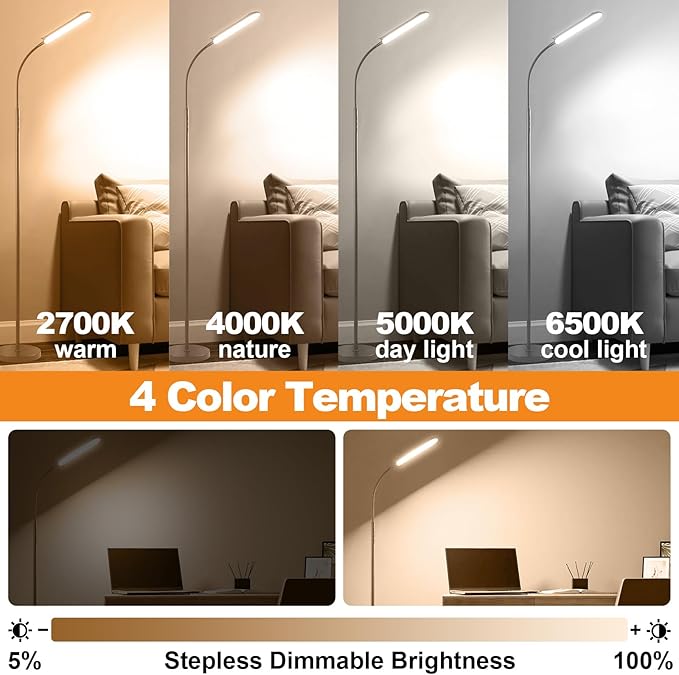 Grey LED Floor Lamp, 18W 1800LM Bright Floor Lamps with Remote & Works with Smart Plug, Dimmable Timing Eye Caring Reading Light Modern Standing Floor Lamp for Living Room Bedroom Office