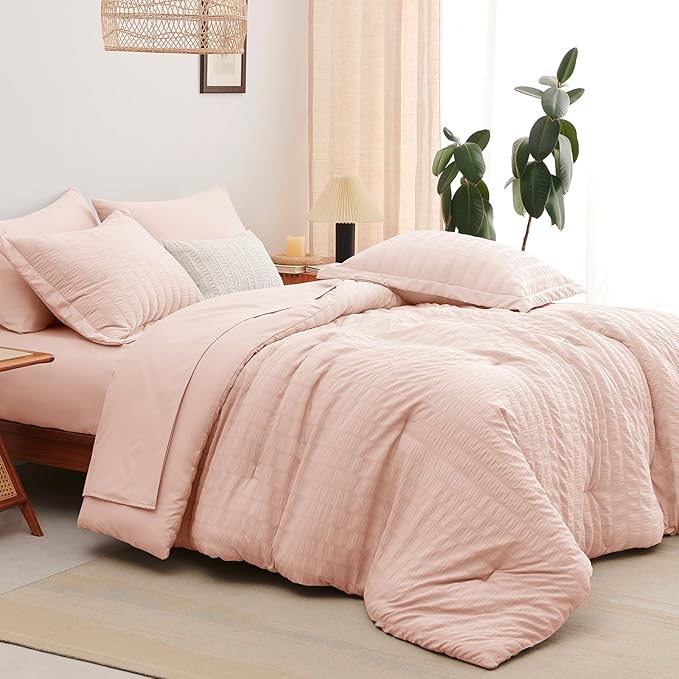 CozyLux King Size Comforter Set Blush Pink Seersucker 7 Pieces Bed in a Bag King Comforter Set with Sheets, Luxury Bedding Set with Down Alternative Comforter, Sheets, Pillowcases & Shams All Seasons