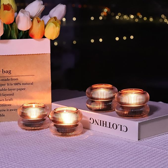 Woho Smoke Grey Votive Candle Holders Set of 6, Vintage Ribbed Tealight Candle Holder for Daily Home Decor, Classy Tea Light Candle Holder Glass for Living Room Table Decor(Grey, 2.1" H X 2.75" D)