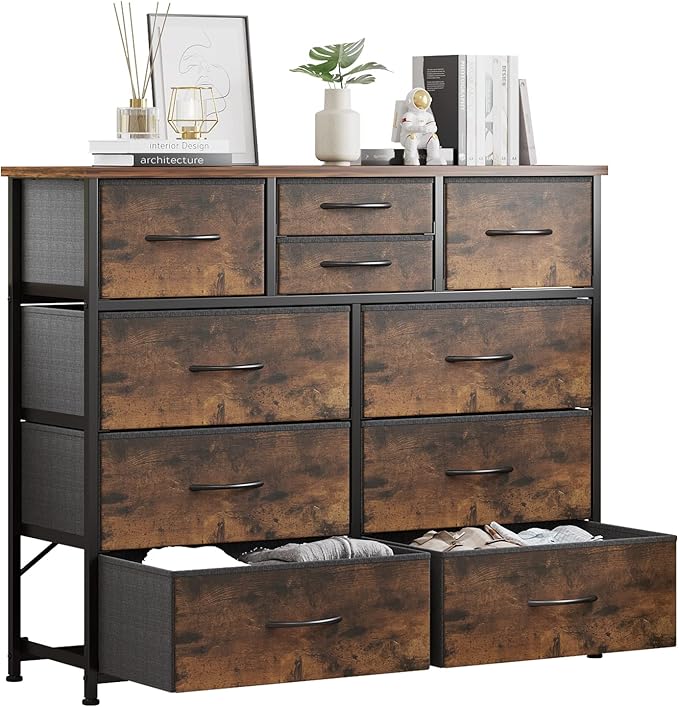 LUMTOK 10-Drawer Dresser, Fabric Storage Dressers for Bedroom, Hallway, Nursery, Closets, Steel Frame, Wood Top, Easy Pull Handle (Rustic Brown)