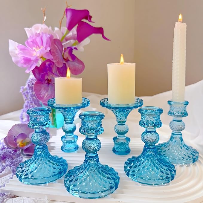 Glass Candlestick Holder,Striped Taper Candle Holders,Set of 6 Candle Stand for Table Centerpieces, Home Decor,Weddings,Festival and Parties (Bule Dimond)