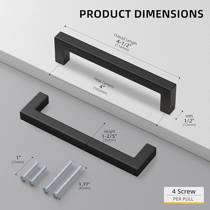 goldenwarm 150 Pack 4 Inch Black Cabinet Handles Matte Black Drawer Pulls Stainless Steel Cabinets Hardware Square Bar Modern for Kitchen Bathroom Cupboard