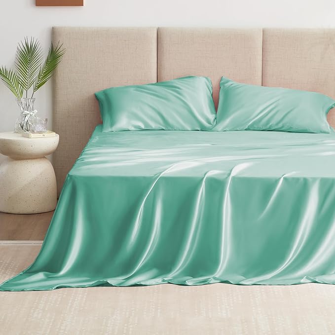 Love's cabin Satin Queen Sheets Set - 4 Piece Aqua Silky Bed Sheets with Deep Pocket, Luxury Silk Feel Satin Queen Size Sheet Set (1 Flat Sheet,1 Fitted Sheet,2 Pillow Cases)