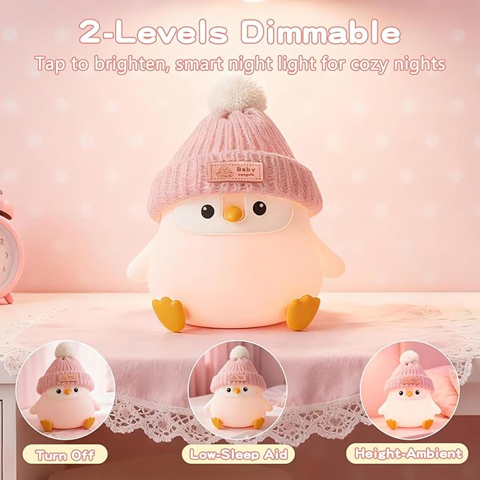 Penguin Silicone Night Light, Cute Pink Penguin Lamp with Knitted Hat, Soft Nursery Nightlight, USB Rechargeable/Dimmable,LED Squishy Novelty Animal Bedside Lamp,Funny Gifts for Kids/Girls