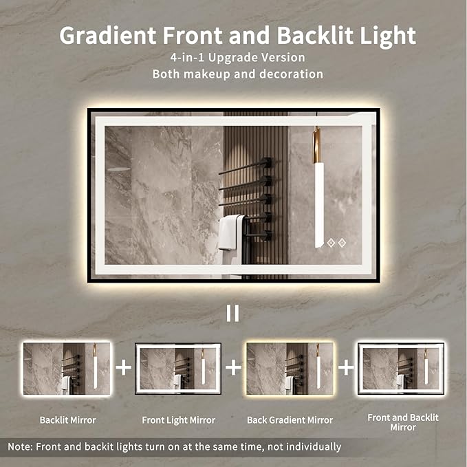 LED Mirror, 40x24 Inch Black Framed Gradient Front and Backlit Lighted Vanity Mirror, 3 Colors Dimmable CRI>90, IP54 Enhanced Anti-Fog Wall Mounted LED Bathroom Mirror