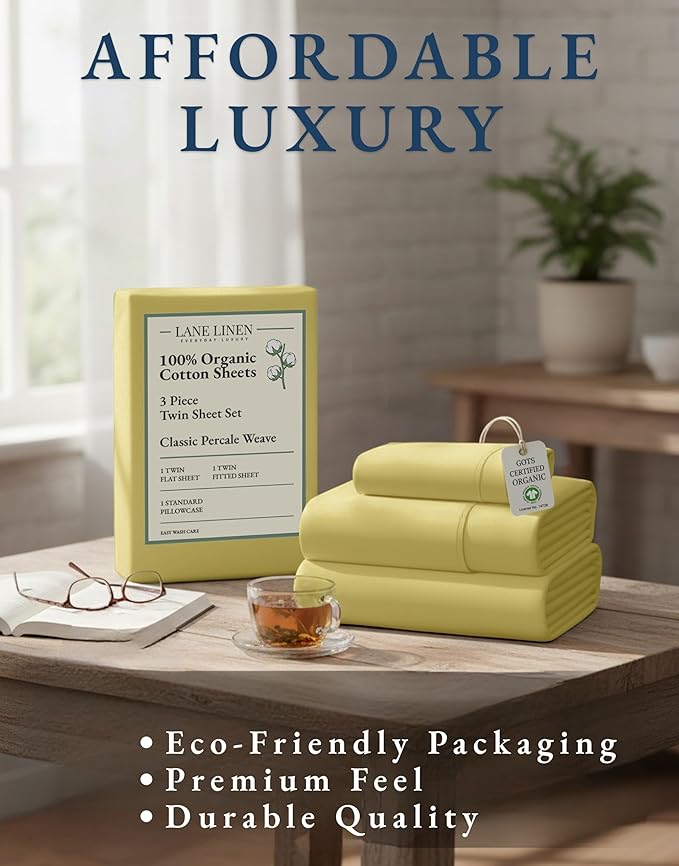 LANE LINEN Eco Friendly Cocoon 100% Organic Cotton Twin Sheets, Low Pill Fade Resistance Fully Elasticized Mercerized Cotton Soft & Comfy Hotel Style Percale Weave Sheets Twin- Cocoon