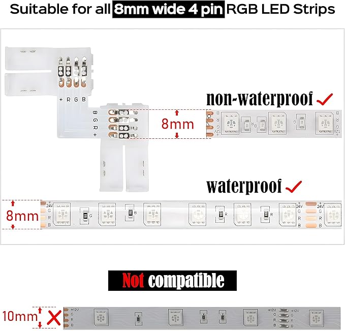 JACKYLED L Shape 8mm 4-Pin LED Strip Connectors 10-Pack Total 32pcs, Unwired Solderless LED Light Connectors for 8mm Wide 4-Pin Strip Lights - 8mm 4pin 10 Pack