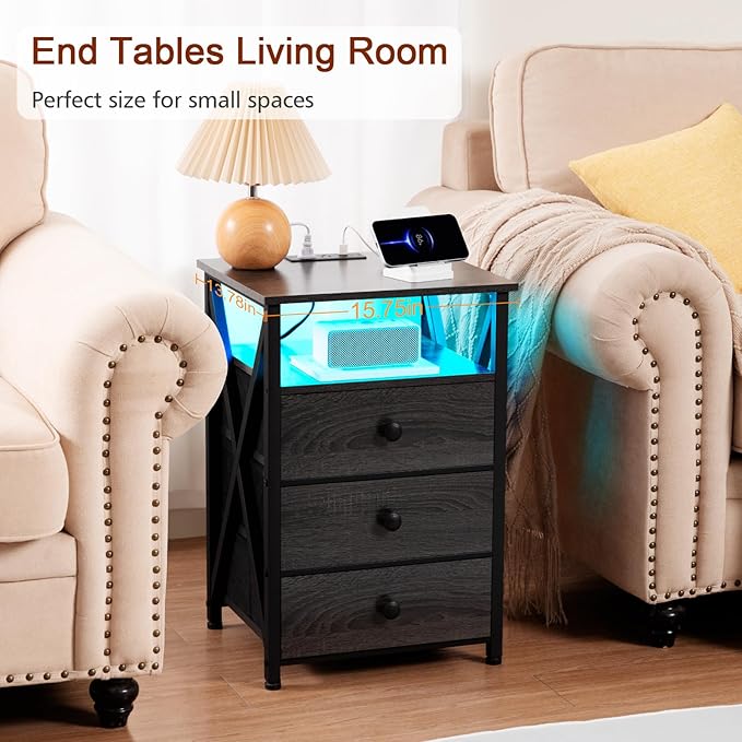 AMHANCIBLE LED Nightstand with Charging Station, Smart End Side Table with USB Port & Power Outlet, Bedside Table with Fabric Drawers for Bedroom, Living Room, Dark Grey, HET053LDG-1