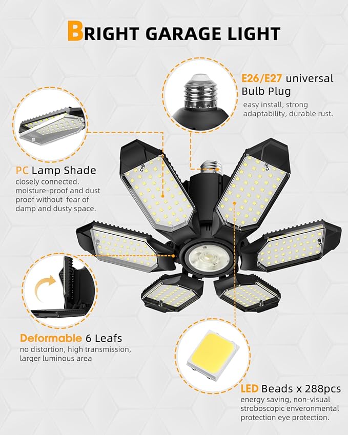 Adiding LED Garage Light, Bright 10000 Lumen LED Workshop Basement Lighting Fixture with Adjustable Spotlight and 6 Deformable Panels fit for E26 E27 Bulb Socket for Warehouse Attic Cellar Workspace