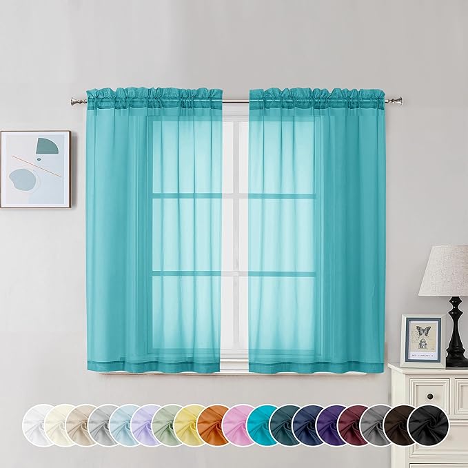 Chyhomenyc Turquoise Sheer Curtains 45 Inch Long 2 Panels, Light Filtering Rod Pocket Voile Short Curtains Drapes for Living Room Bedroom Small Windows, 42Wx45L Inches