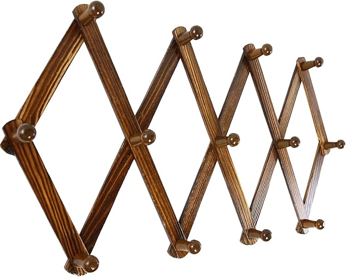 AMAPON Accordion Style Expandable Wall Wooden Coat Rack 13 Hooks (Pegs) Hang Hats Jackets Coffee Mug Purses Necklaces Towels Cap Leash Scarves Data Line Kitchenware (Walnut)