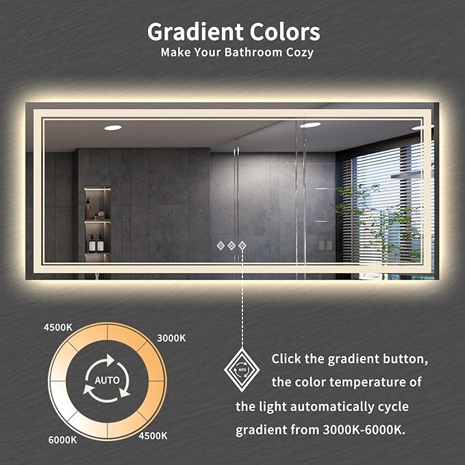 Bathroom Mirrors for Wall, 88x38 Inch Gradient Front and Backlight Big Lighted Mirror, 3 Colors Dimmable CRI>90 Double Lights, IP54 Enhanced Anti-Fog, LED Mirror for Bathroom