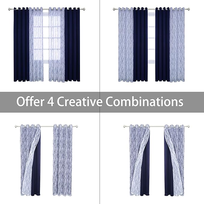BONZER Mix and Match Curtains - 2 Pieces Branch Print Sheer Curtains and 2 Pieces Blackout Curtains for Bedroom Living Room Grommet Window Drapes, 54x63 Inch/Panel, Indigo, Set of 4 Panels