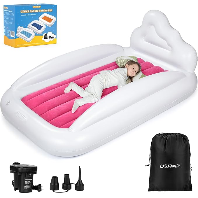 Inflatable Toddler Travel Bed, Double-Sided Kids Air Mattress | Kids Blow up Mattress with Sides | Travel Portable Toddler Bed for Travel, Sleepovers - Pink & & Aquamarine