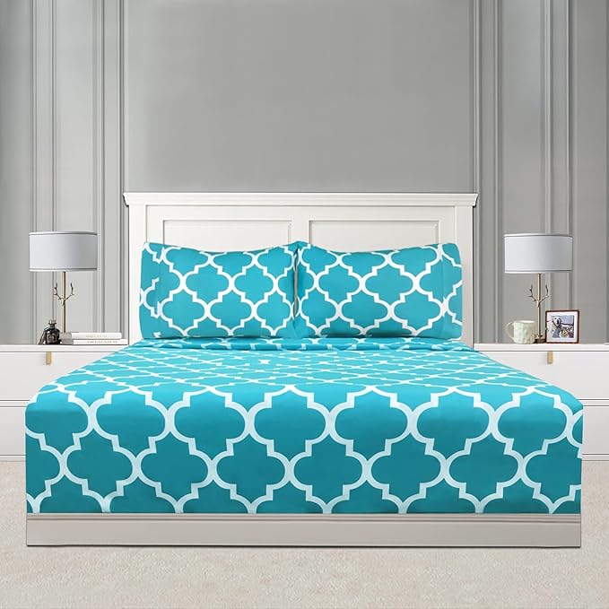 Mejoroom King Bed Sheet Set - Super Soft Brushed Microfiber 1800 Thread Count Sheets with 15 inch Deep Pocket - Wrinkle Free - 4 Piece(Aqua Quatrefoil with White Pattern)