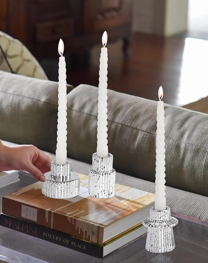 Vixdonos Taper Glass Candlestick Holders Tealight Candle Holders for Table Centerpieces, Wedding Decor and Dinner Party (3 Pcs, Silver with Speckles)