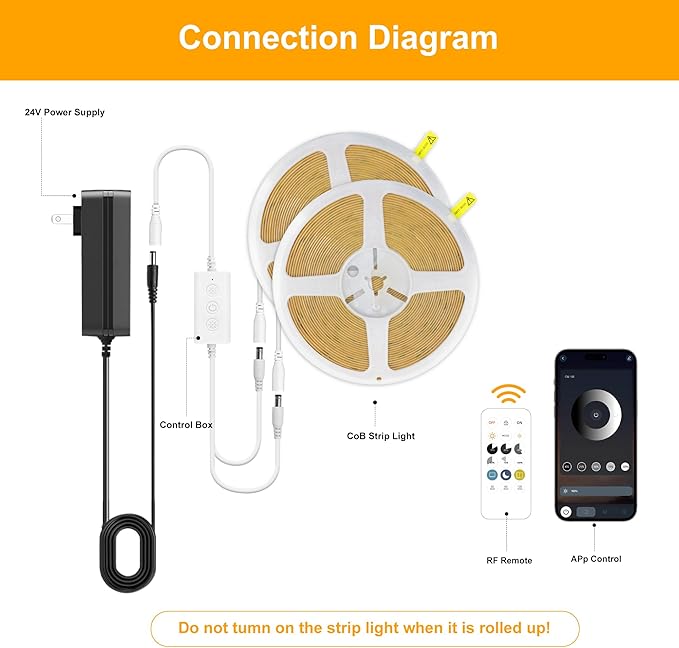 COB LED Strip Lights Natural White,24V Dimmable led Light Strip KIT with Remote and app Control,4000K 50FT/15m 8mm Wide Ra>90 Cuttable Flexible Strip Lights for Bedroom,Shelf,Cabinet
