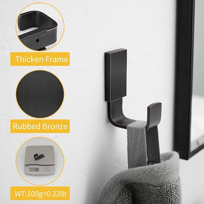 BESy Brass Clothes Hook Single Towel Hook for Bathroom Kitchen Garage Square Style Robe Hooks Coat and Hat Hook, Self Adhesive with Glue or Wall Mounted with Screws, Four Packs, Oil Rubbed Bronze