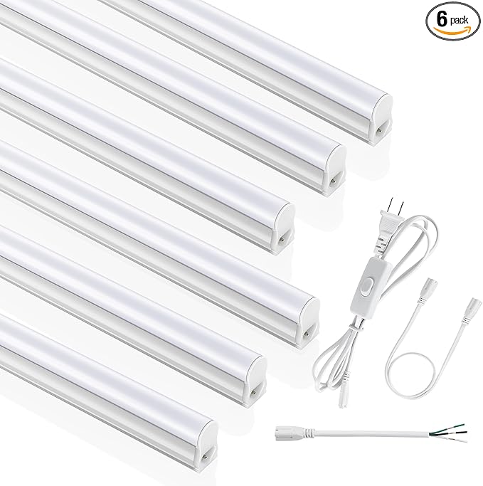 (6 Pack) 4FT T5 LED Integrated Fixture, 6500K,20W,2300LM(Super Bright White) Linkable LED Shop Light,Garage Ceiling and Cabinet Light,Strip Light,Corded Electric with ON/Off Switch