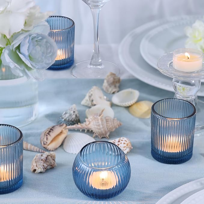 Blue Votive Candle Holders Set of 10- Round Blue Candle Holders Bulk, Glass Candle Holder for Wedding Table Decoration, Embossed Glass Votives, Tea Lights Candle Holder for Home & Party Decor