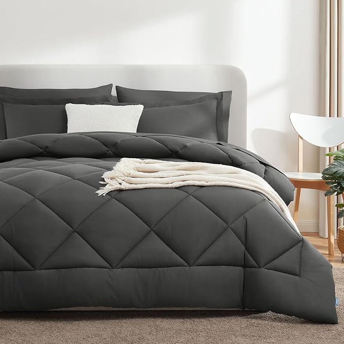 CozyLux Oversized King Comforter Set Dark Grey, 7 Pieces Bed in a Bag Comforter Set with Sheets Luxury Bed Set for All Seasons, Bedding Set with Down Alternative Comforter, Sheets, Pillowcases & Shams