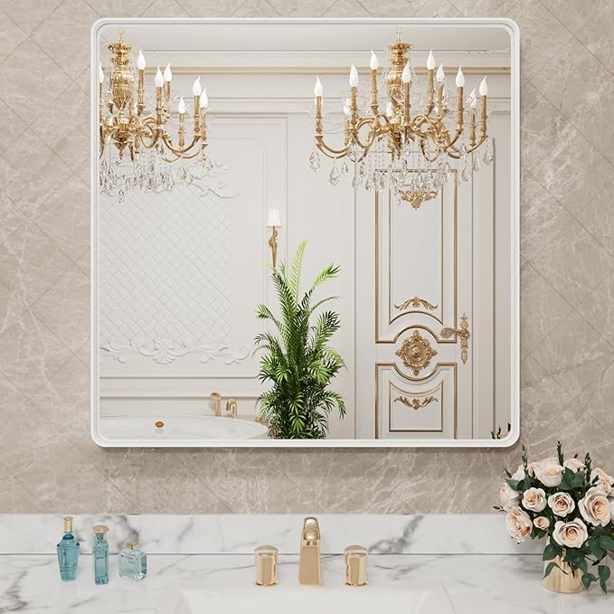 LOAAO 30x30 Inch White Metal Framed Bathroom Mirror for Wall, White Bathroom Vanity Mirror Farmhouse, Large Rounded Rectangle Mirror, Anti-Rust, Hangs Horizontally or Vertically